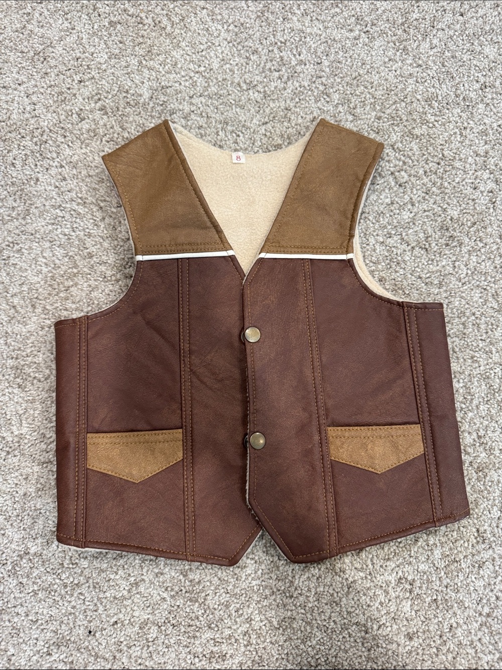Children's Brown Faux Leather Vest Jacket - Cozy Lined Size 8